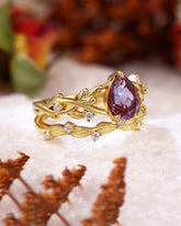 ASHLEY Pear Cut Lab Alexandrite Leafy Engagement Ring Set 2pcs